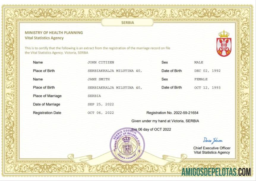 Imprimível modelo Word e PDF de certidão de casamento na Sérvia